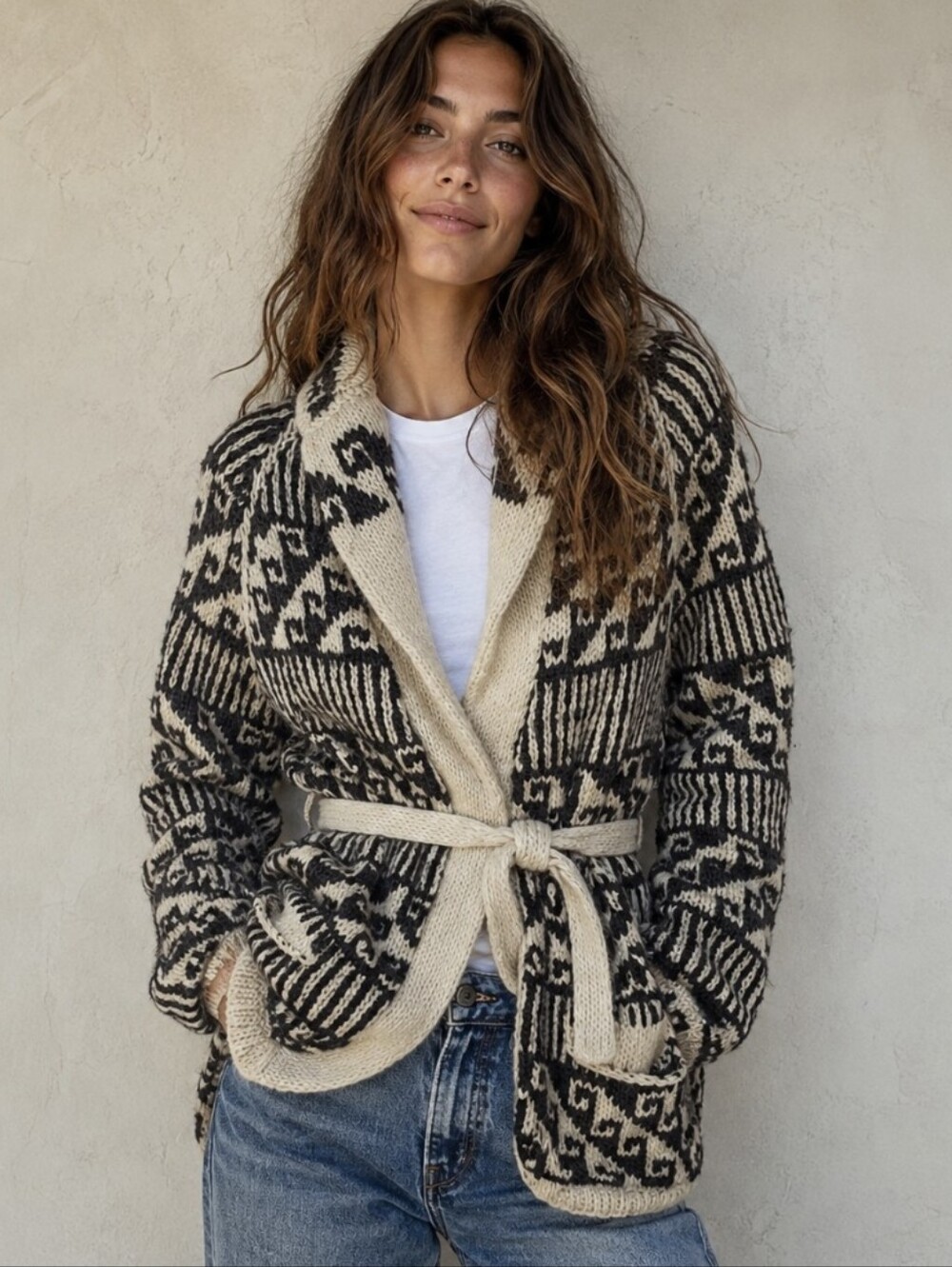 Vintage Polynesian Wool Cardigan Sweater Belted Brown/Cream Tribal Hawaii Sz M
